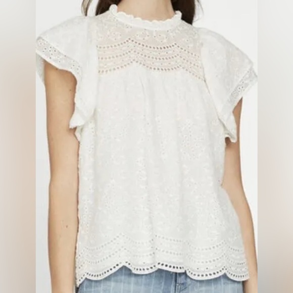 BCBGMAXAZRIA Women’s Sz XXS Cotton Eyelet Ruffle Top Off White Retails 198 - Picture 1 of 7